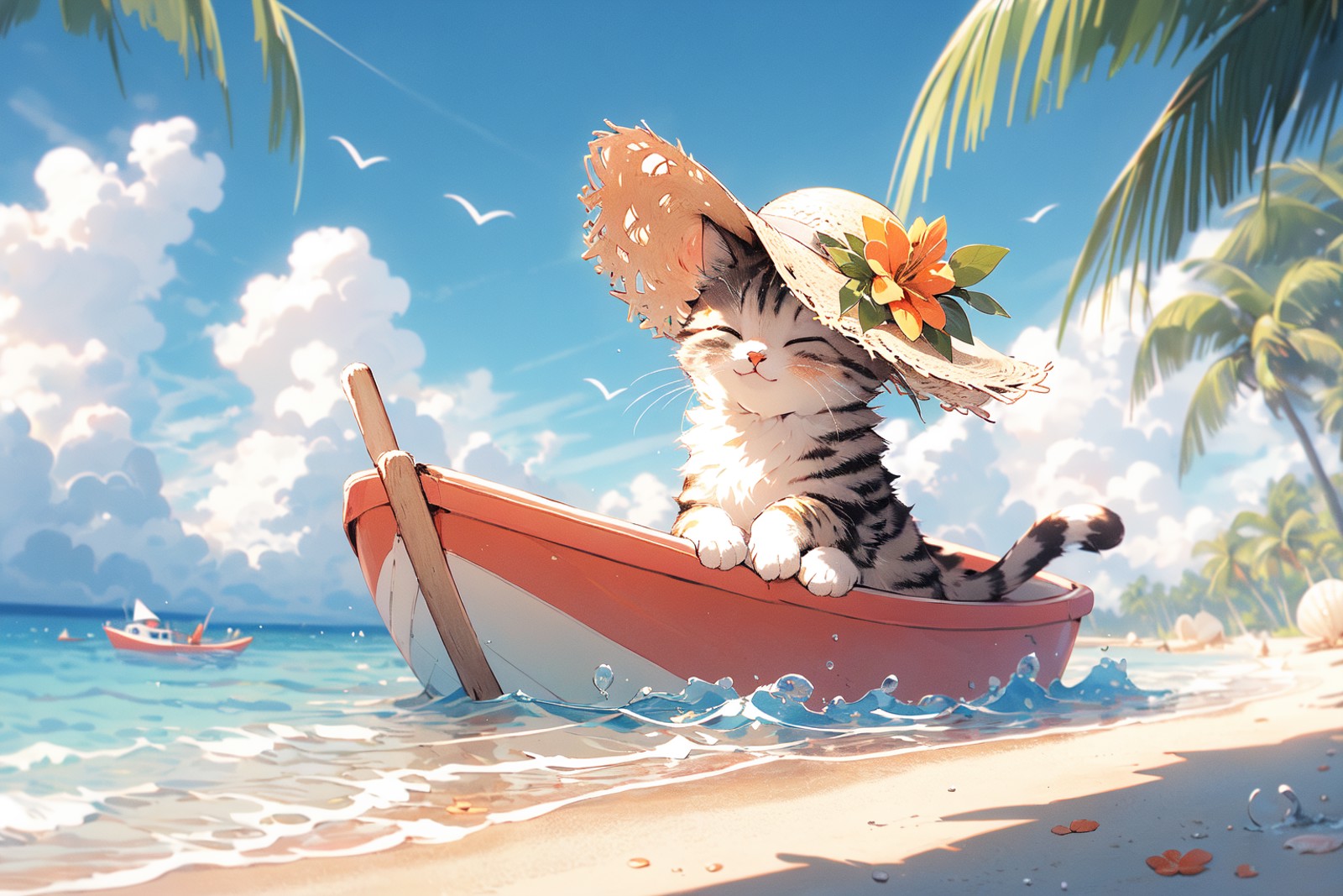 ,(Masterpiece:1.2, high quality),
cat, no humans, flower, hat, outdoors, closed eyes, beach, tree, palm tree, ocean, seash...